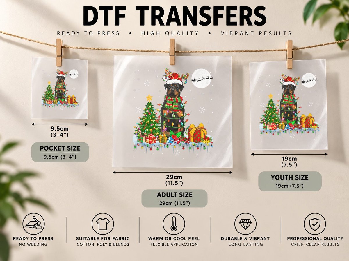 Santa Reindeer Rottweiler Christmas Tree Lights Dog Owner DTF Transfer Iron On