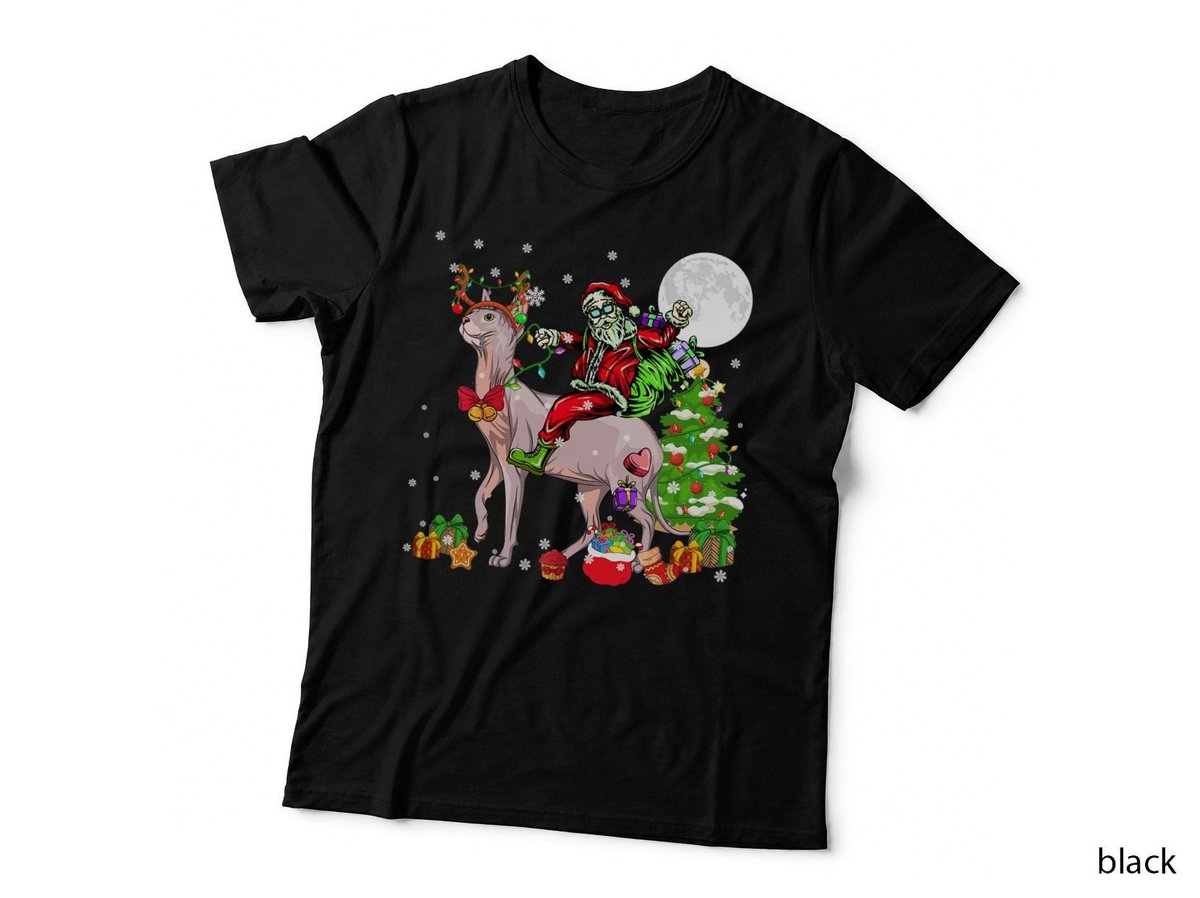 Santa Riding Reindeer Sphynx Cat Christmas Tree Lover Owner T-Shirt
