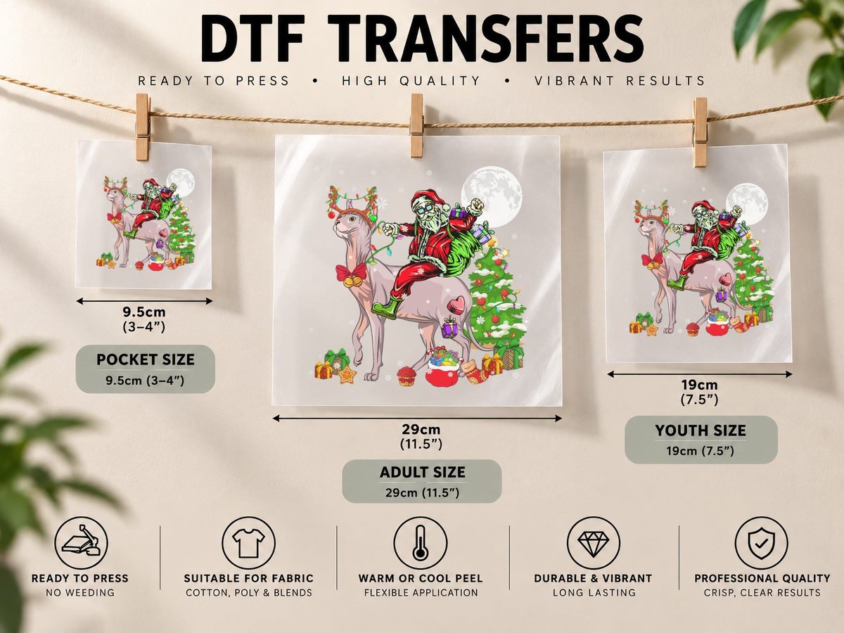 Santa Riding Reindeer Sphynx Cat Christmas Tree Lover Owner DTF Transfer Iron On