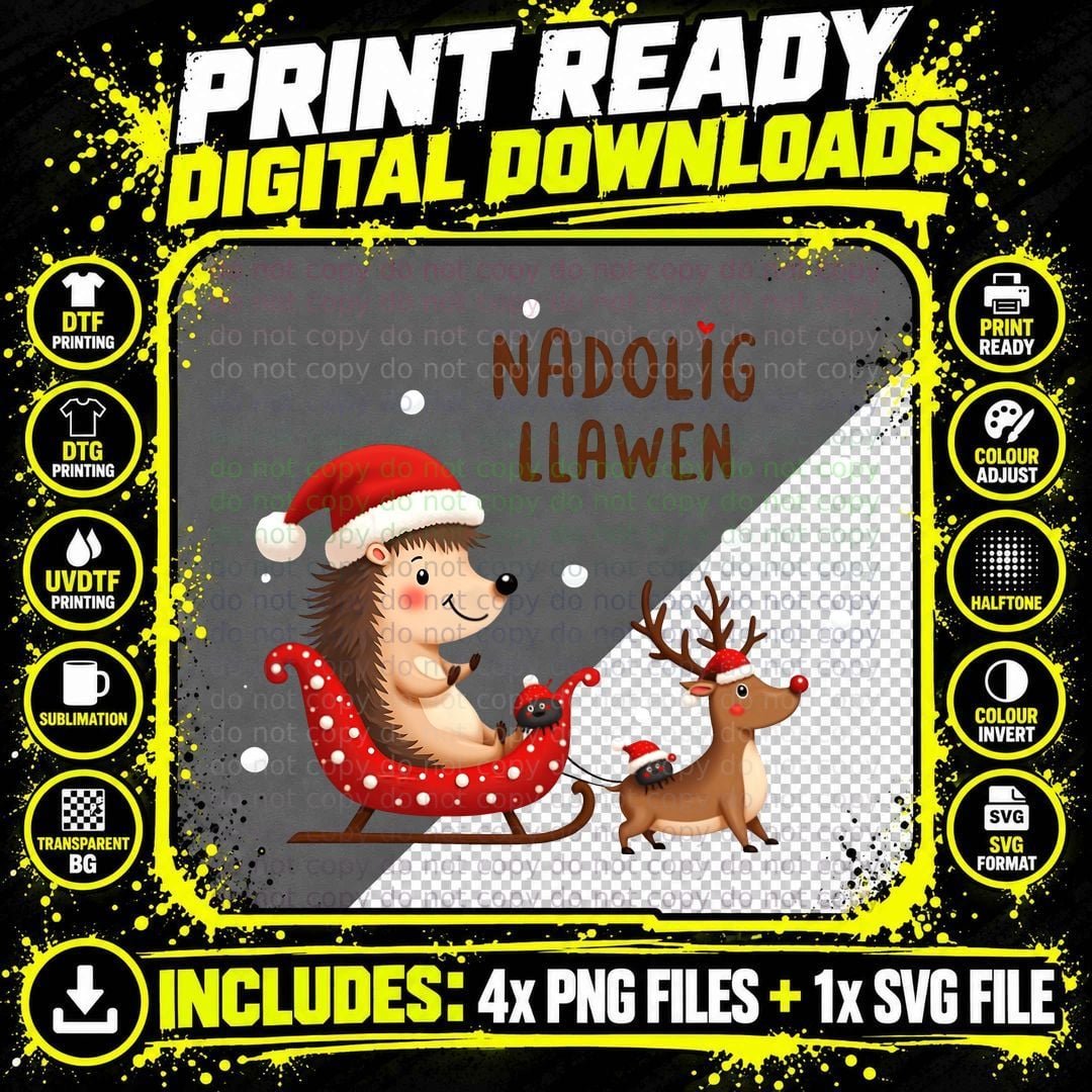 Santa Sled Hedgehog Nadolig Llawen Wales Welsh Christmas Png SVG Digital Bundle