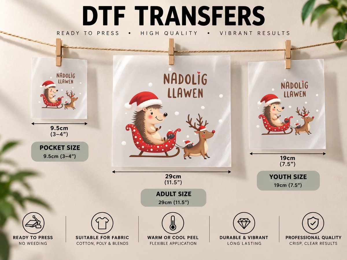 Santa Sled Hedgehog Nadolig Llawen Wales Welsh Christmas DTF Transfer Iron On