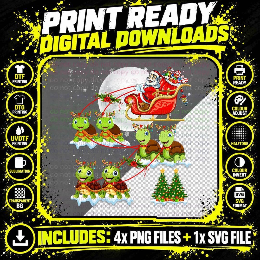 Santa Sleigh Reindeer Turtles Christmas Tree Ornaments Png SVG Digital Bundle