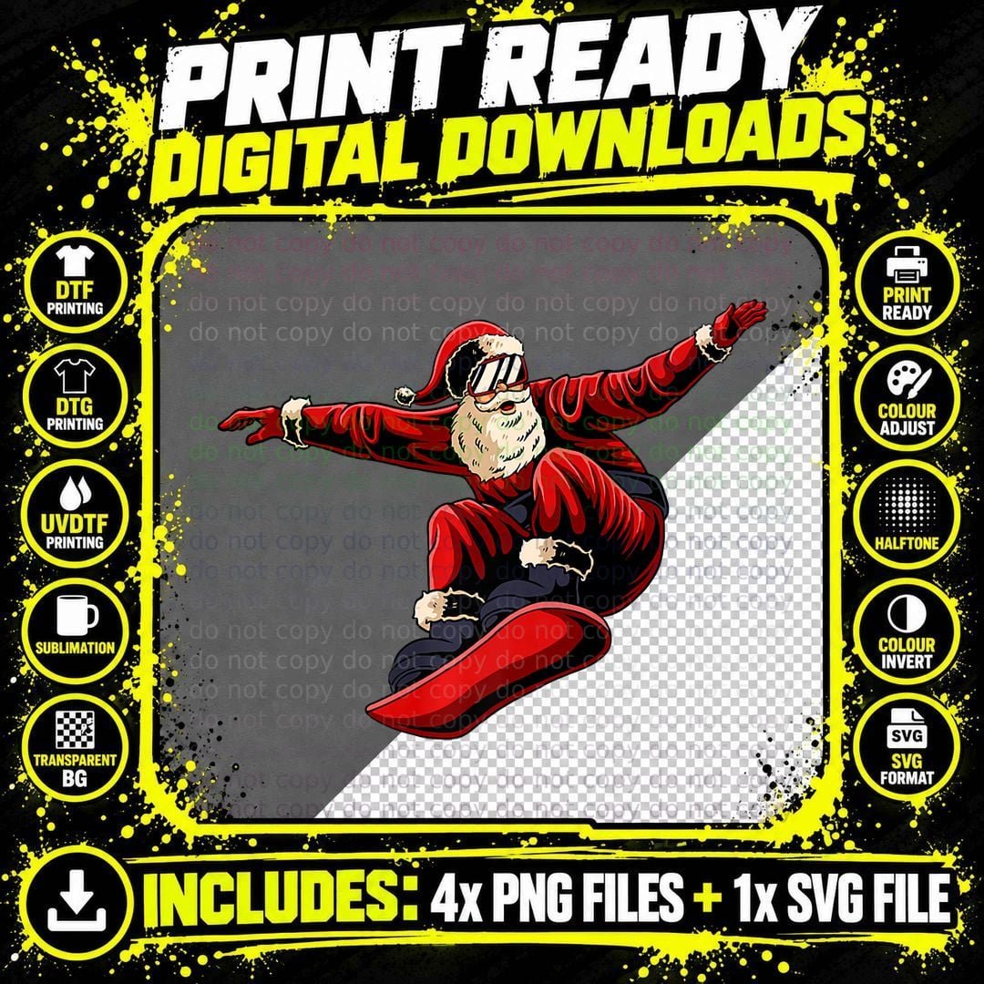 Santa Snowboarding Christmas Pajama Snowboard Sport Png SVG Digital Bundle