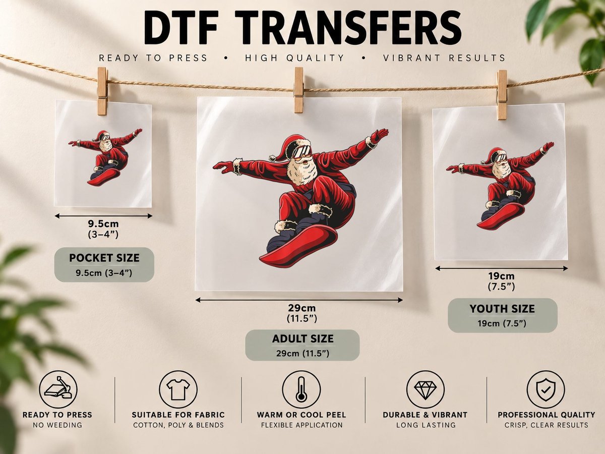 Santa Snowboarding Christmas Pajama Snowboard Sport X-Mas DTF Transfer Iron On