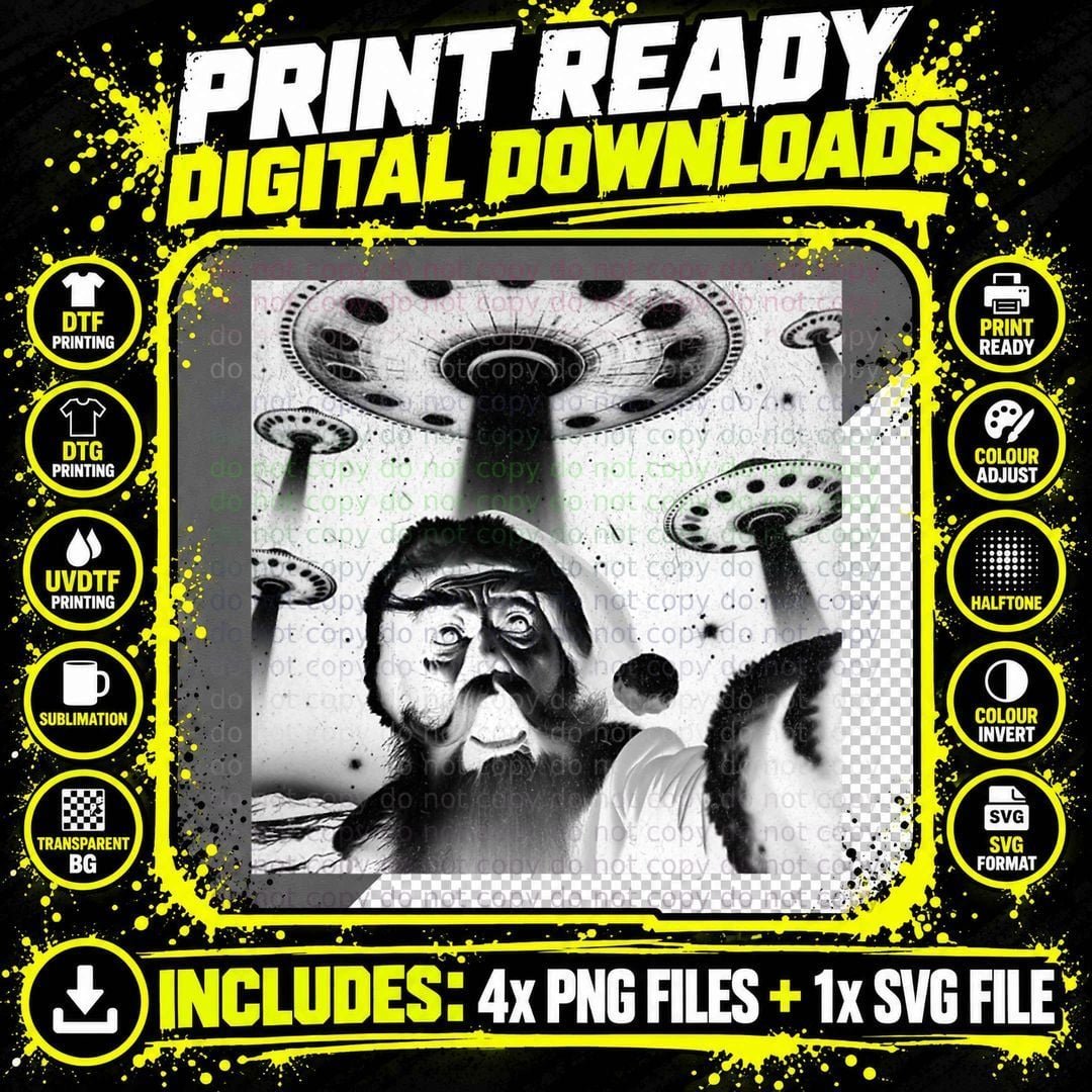 Santa UFO Funny Meme Retro Alien Santa Claus UFO Selfie Png SVG Digital Bundle