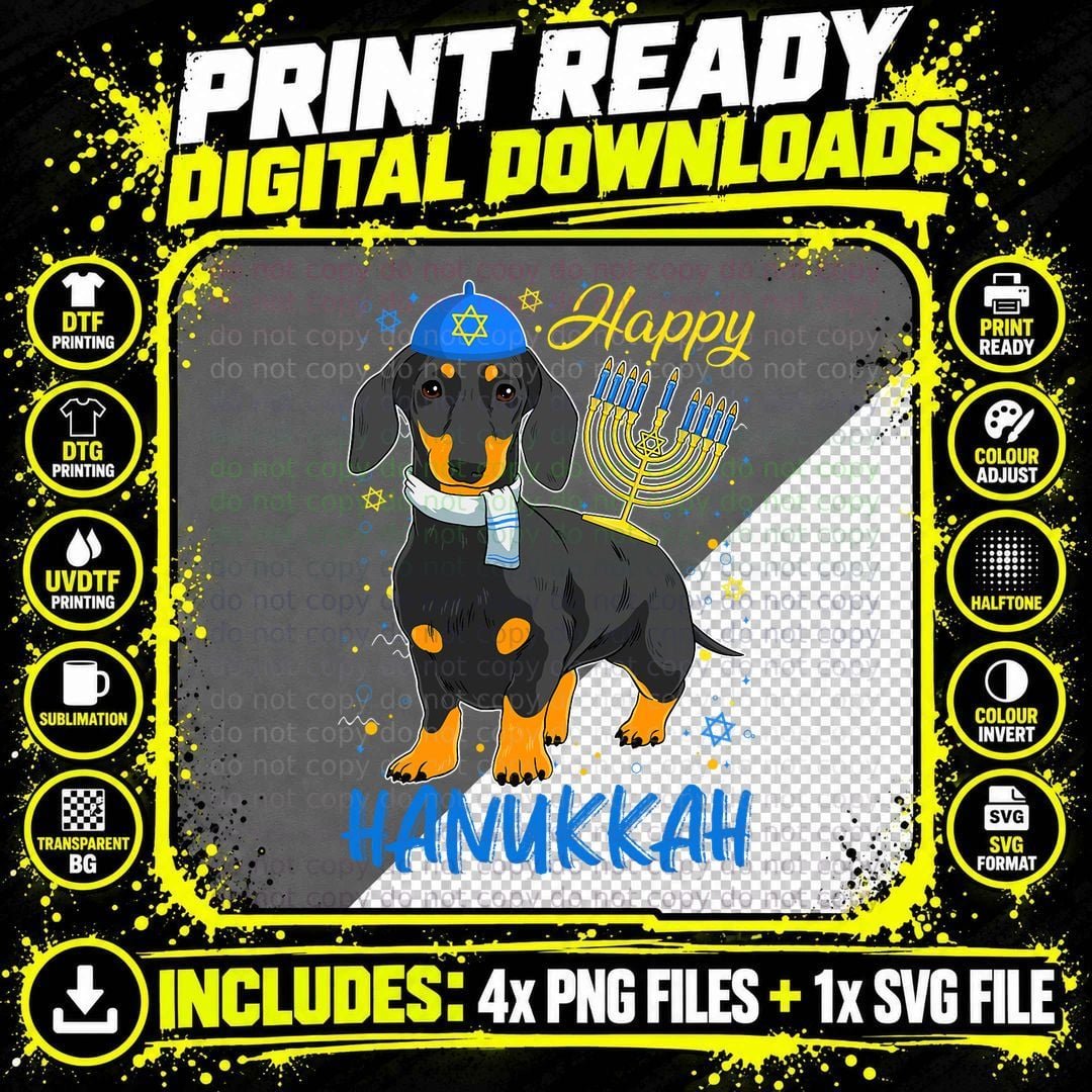 Santa Weiner Dachshund Dog & Menorah Chanukah Xmas Png SVG Digital Bundle