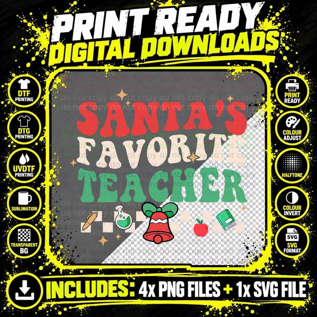 Santa's Favorite Teacher Groovy Retro Christmas Boy Girl Png SVG Digital Bundle