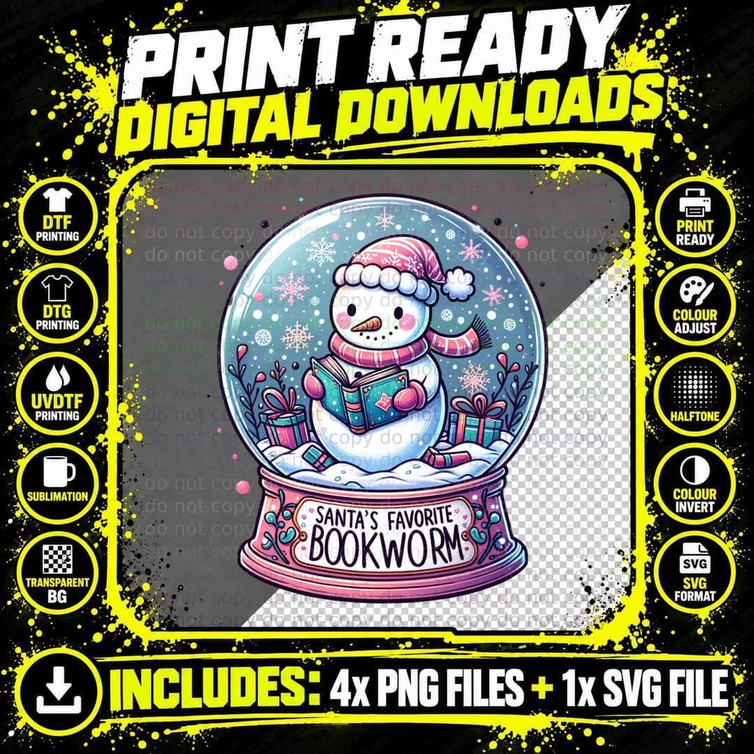 Santas Favorite Bookworm Cute Snowman Pm, Vintage Retro Png SVG Digital Bundle