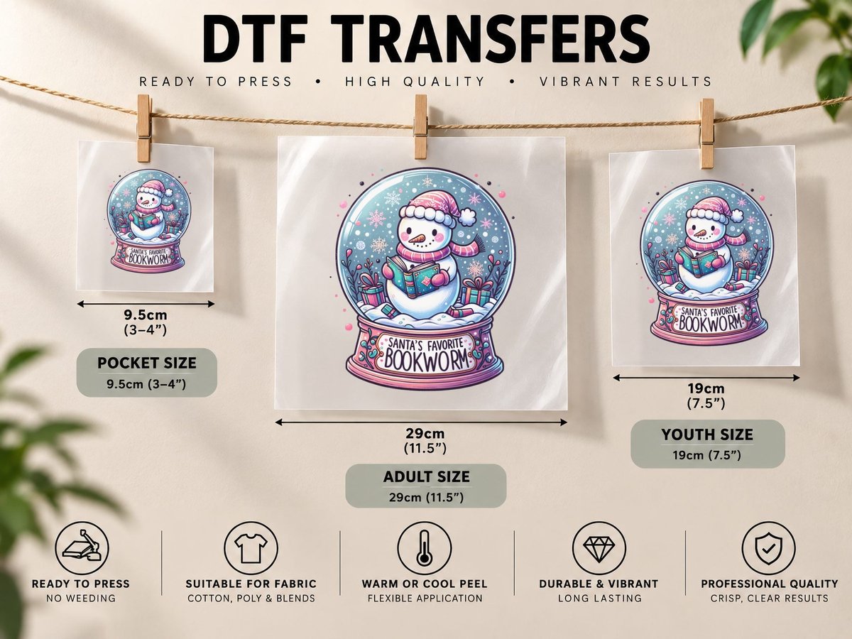 Santas Favorite Bookworm Cute Snowman Pm, Vintage Retro DTF Transfer Iron On
