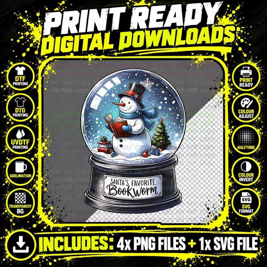 Santas Favorite Bookworm Snowman in Snow Globe Pm Png SVG Digital Bundle