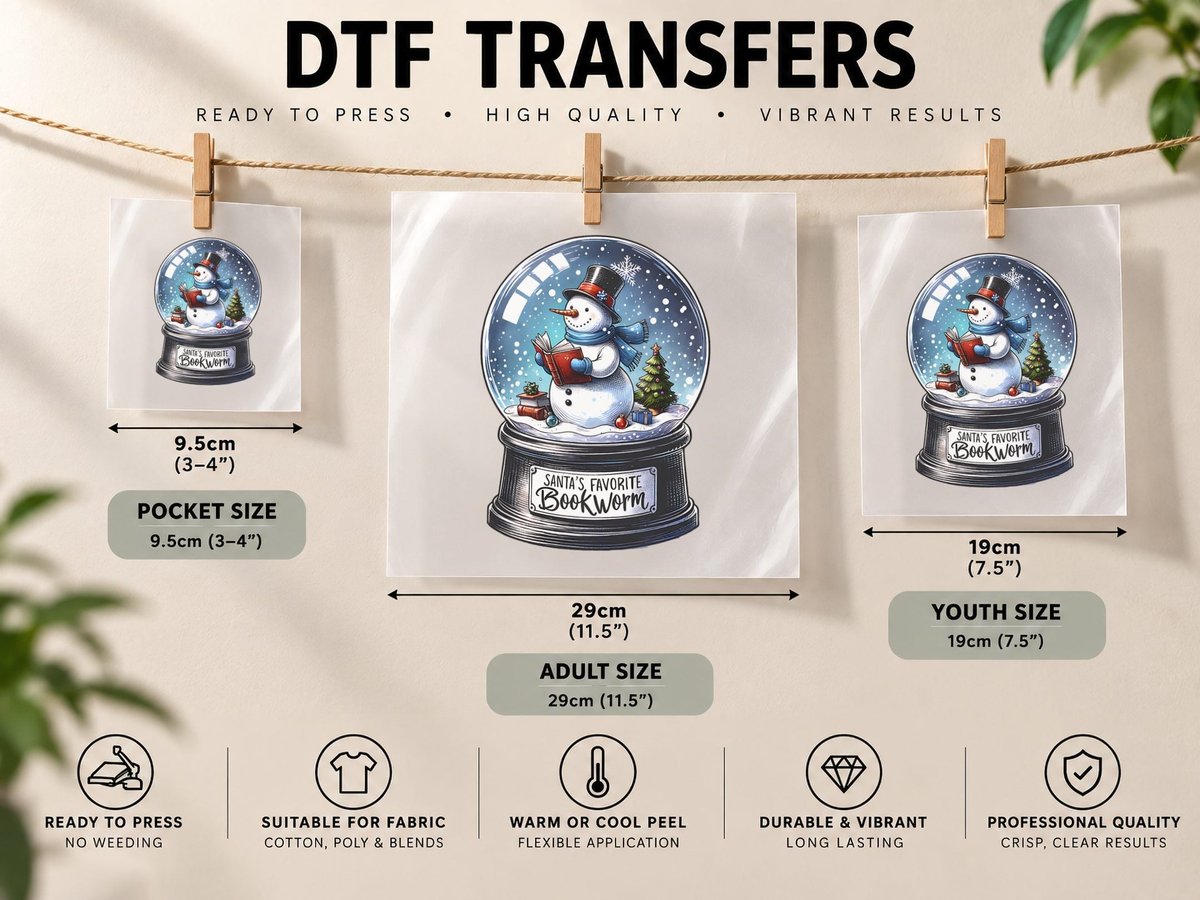 Santas Favorite Bookworm Snowman in Snow Globe Pm, Gift DTF Transfer Iron On