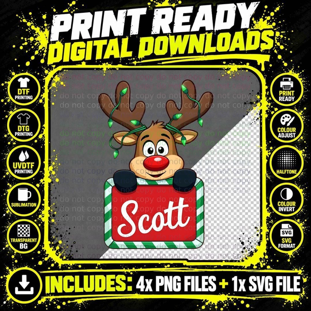 Scott Custom Reindeer Peeking Christmas Lights Happy Png SVG Digital Bundle