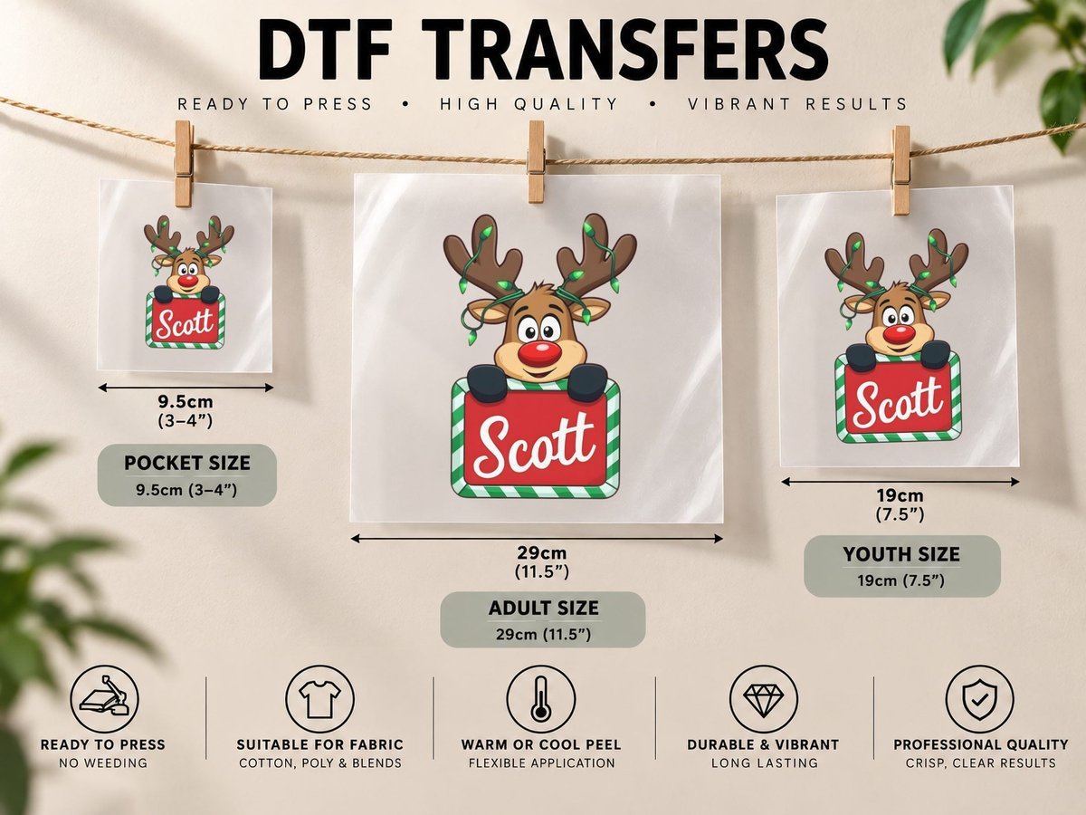 Scott Custom Reindeer Peeking Christmas Lights Happy Kids DTF Transfer Iron On