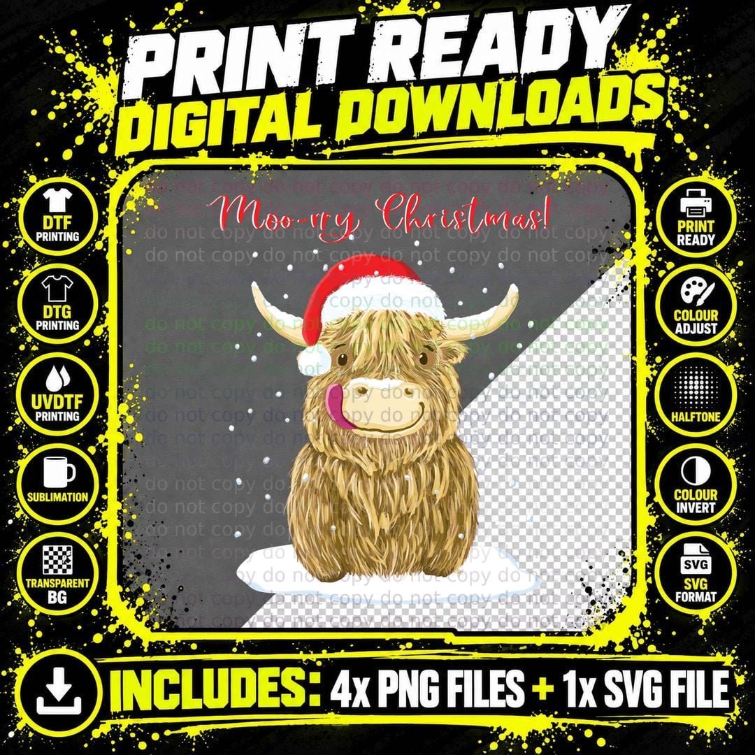 Scottish Highland Cow Merry Christmas Snow T-Shirt Png SVG Digital Bundle