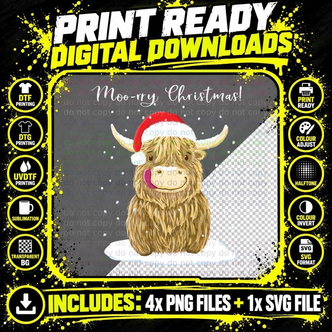 Scottish Highland Cow, Moo-Rry Christmas Wee Hamish Png SVG Digital Bundle