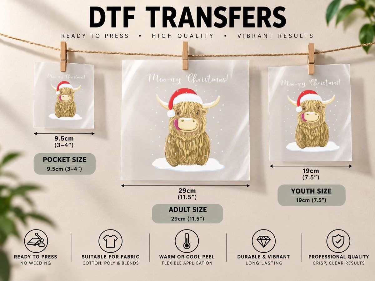 Scottish Highland Cow, Moo-Rry Christmas Wee Hamish Classic DTF Transfer Iron On