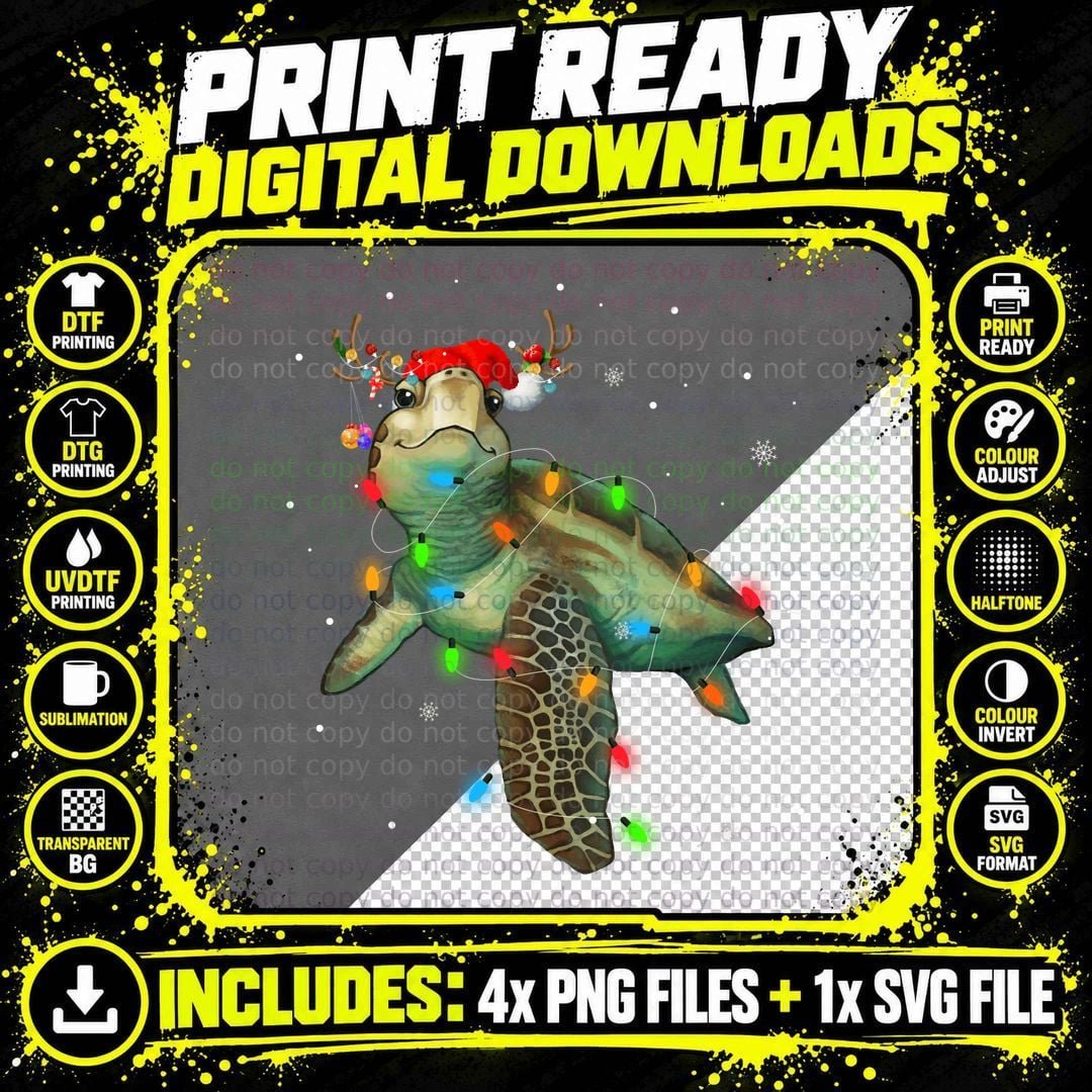 Sea Turtle Christmas Lights Funny Santa Hat Merry Png SVG Digital Bundle