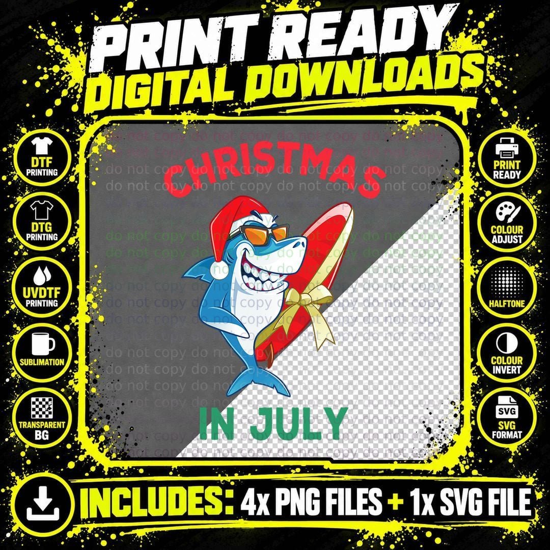 Shark Christmas in July Summer Vacation Beach Men Women Png SVG Digital Bundle