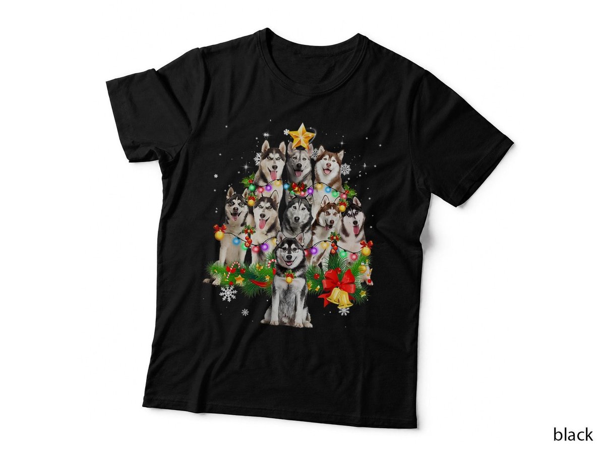 Siberian Husky Christmas Tree Dog Lights Pajamas Xmas T-Shirt