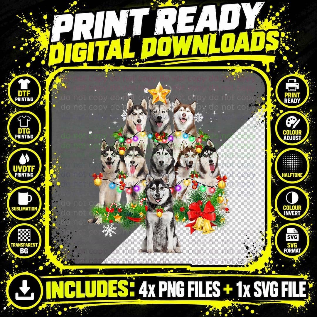 Siberian Husky Christmas Tree Dog Lights Pajamas Xmas Png SVG Digital Bundle