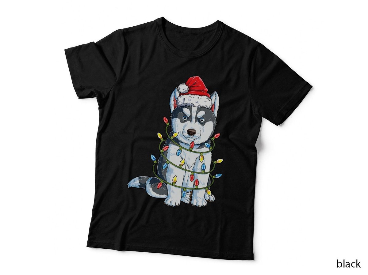 Siberian Husky Santa Christmas Tree Lights Xmas Boys Dog T-Shirt