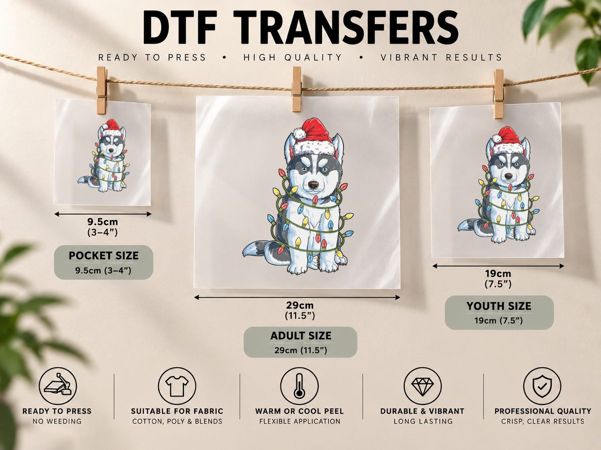 Siberian Husky Santa Christmas Tree Lights Xmas Boys Dog DTF Transfer Iron On