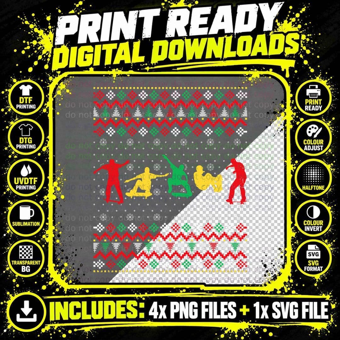 Skateboarding Ugly Christmas Sweater Sport Lover Png SVG Digital Bundle
