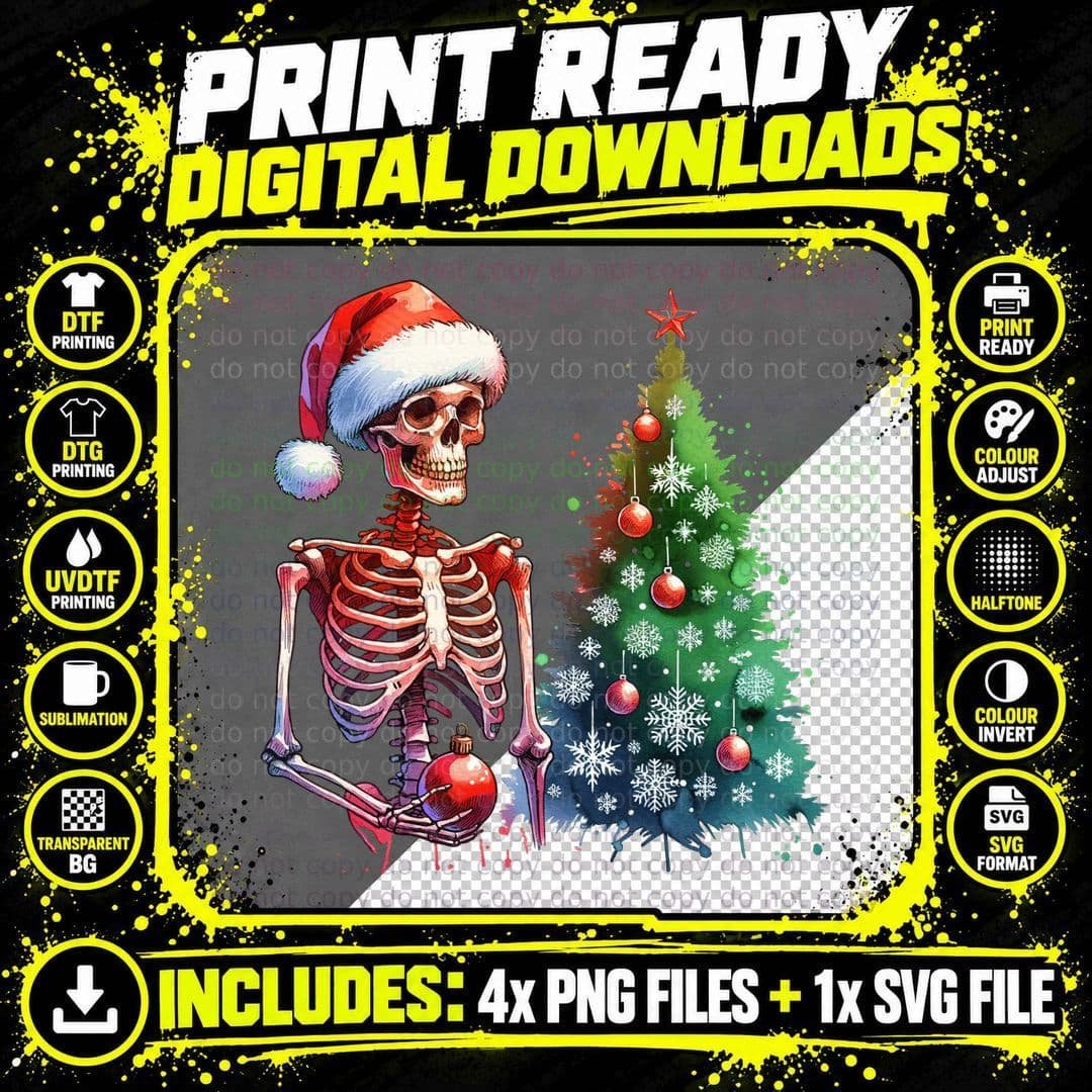 Skeleton with Christmas Tree Clipart, Vintage Retro Png SVG Digital Bundle