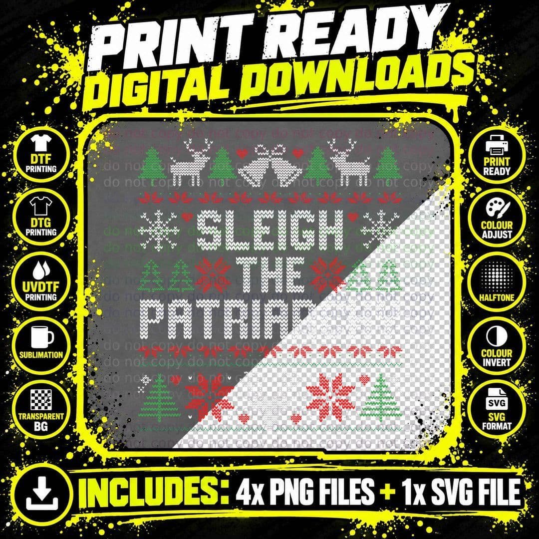 Sleigh the Patriarchy Ugly Christmas Sweater Feminist Png SVG Digital Bundle