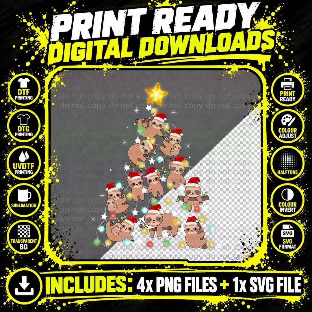 Sloths Christmas Tree Lights Funny Sloths Xmas T-Shirt Png SVG Digital Bundle
