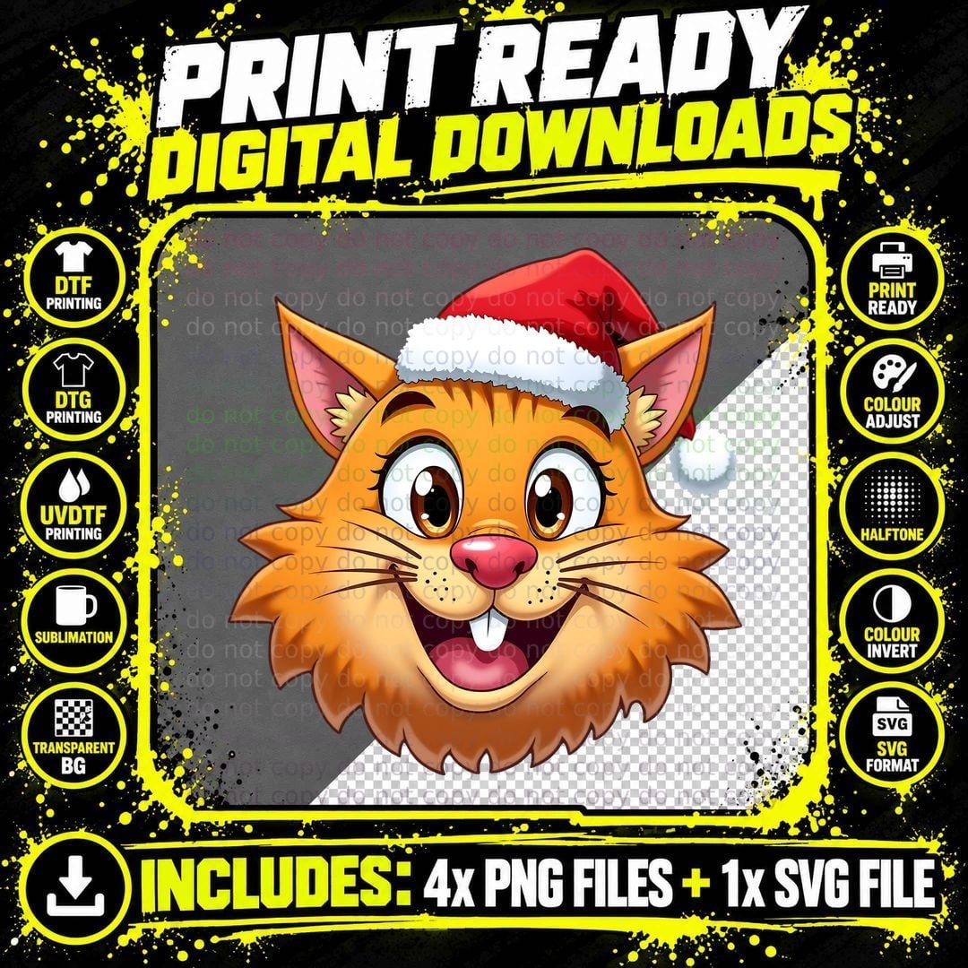 Smiling Santa Cat Face Christmas Kids Cat Lovers Png SVG Digital Bundle