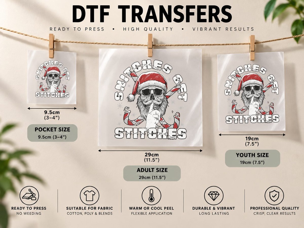 Snitches Get Stitches Santa Funny Xmas DTF Transfer Iron On