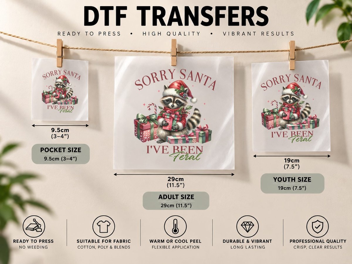 Sorry Santa I've Been Feral, Raccoon Trash Panda Christmas DTF Transfer Iron On