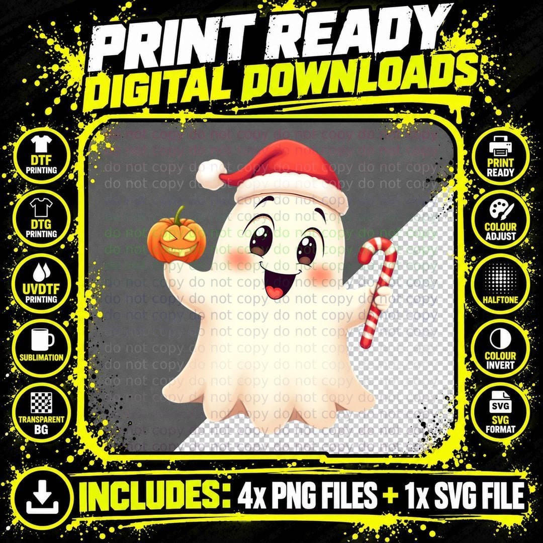Spooky Christmas Ghost, Holiday Halloween 5 T-Shirt Png SVG Digital Bundle