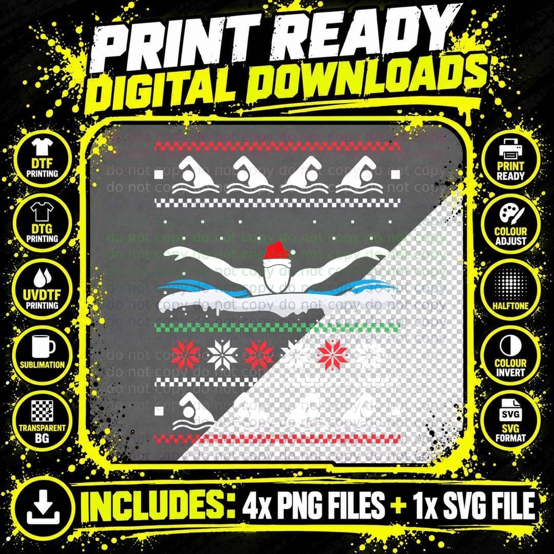 Swimming Santa Hat Ugly Christmas Swimmer Swimming Lover Png SVG Digital Bundle
