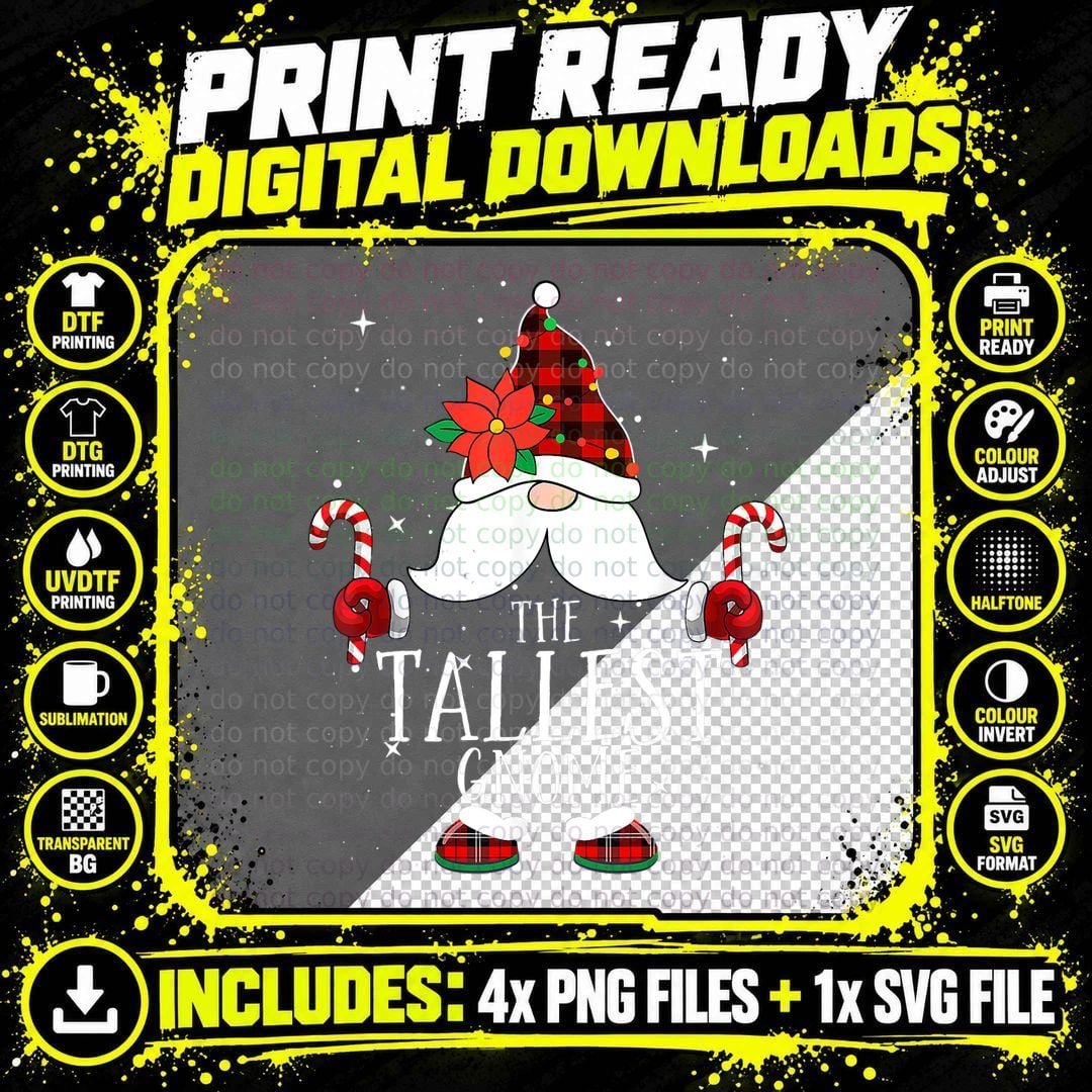 Tallest Gnome Buffalo Plaid Christmas Tree Family Xmas Png SVG Digital Bundle
