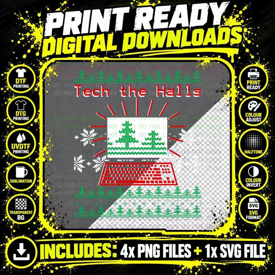 Tech the Halls Computer Geek Ugly Christmas T-Shirt Png SVG Digital Bundle