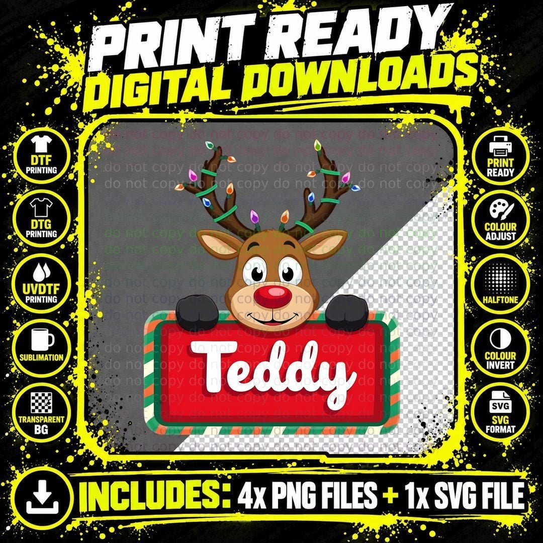 Teddy Custom Reindeer Peeking Christmas Kids Lights Png SVG Digital Bundle