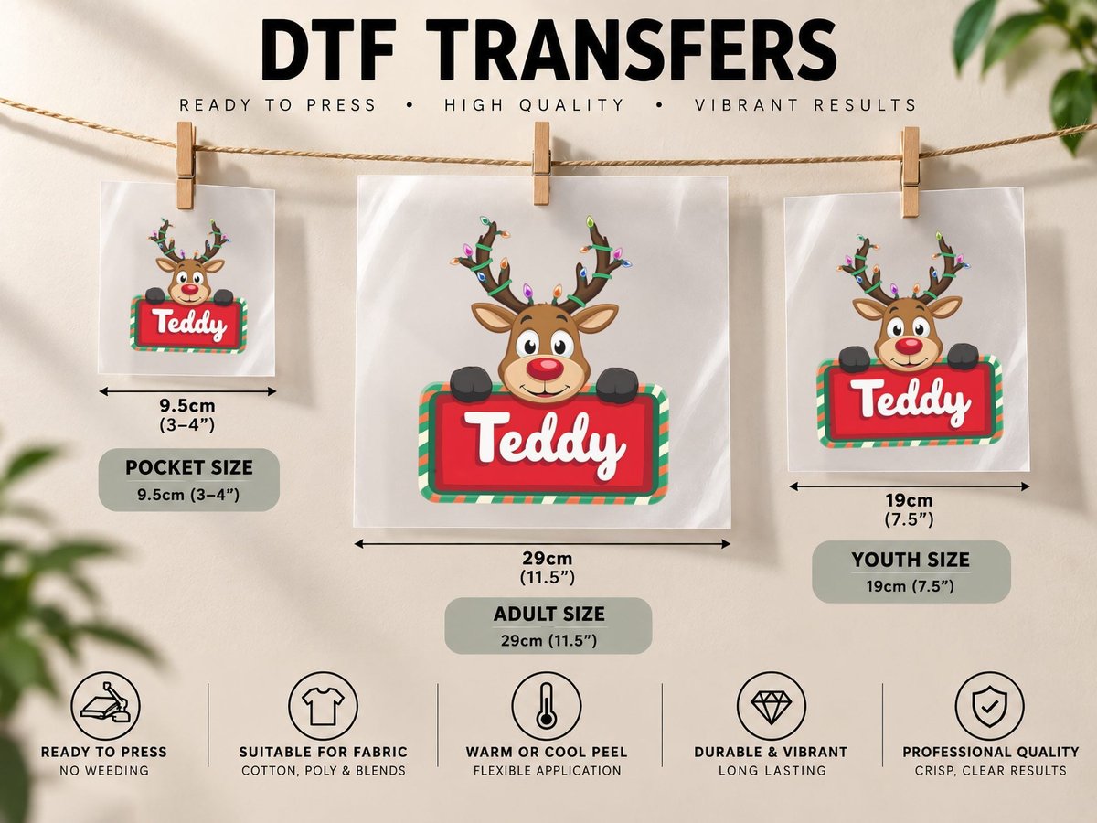 Teddy Custom Reindeer Peeking Christmas Kids Lights DTF Transfer Iron On