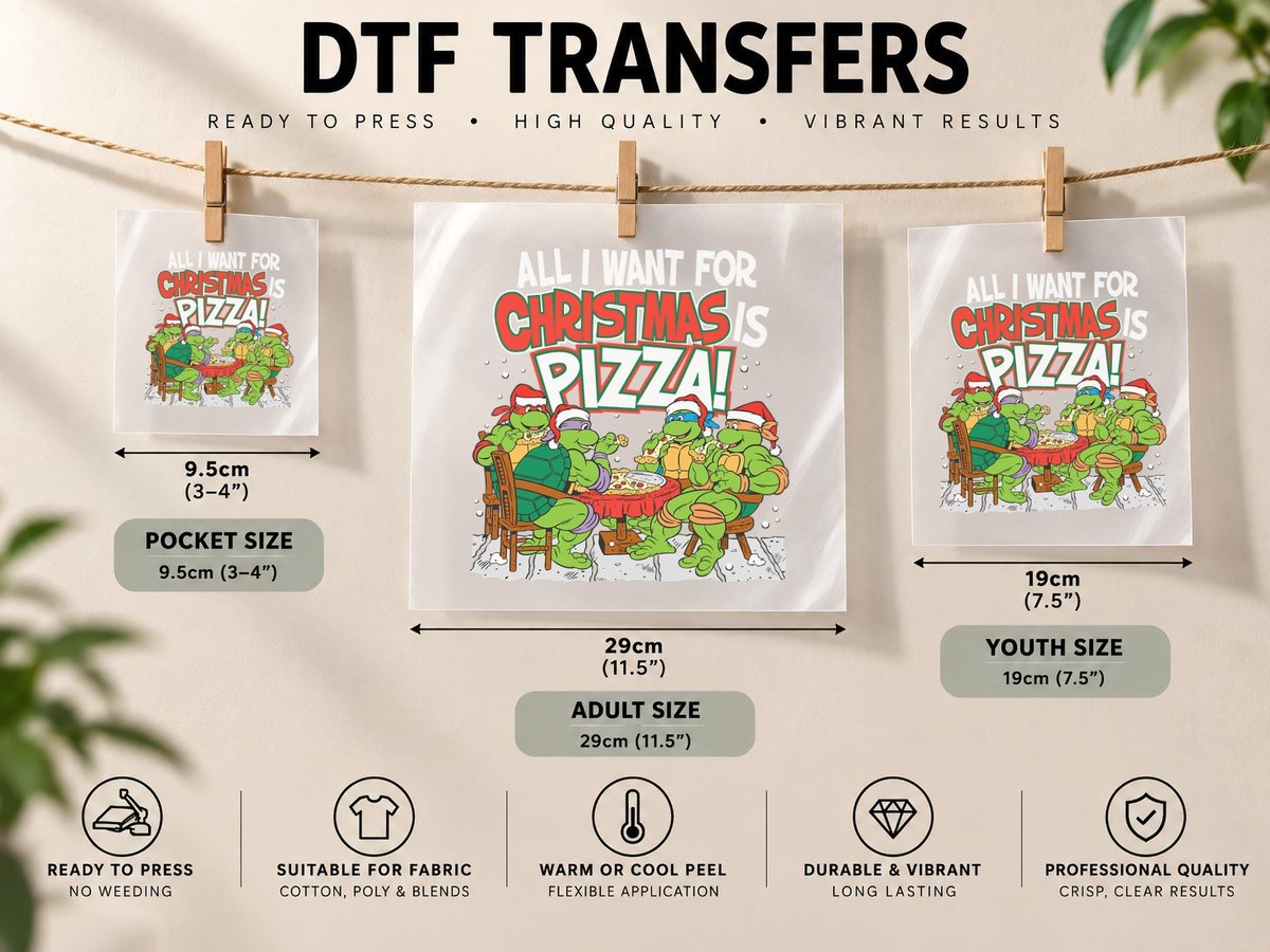 Teenage Mutant Ninja Turtles Pizza for Christmas DTF Transfer Iron On