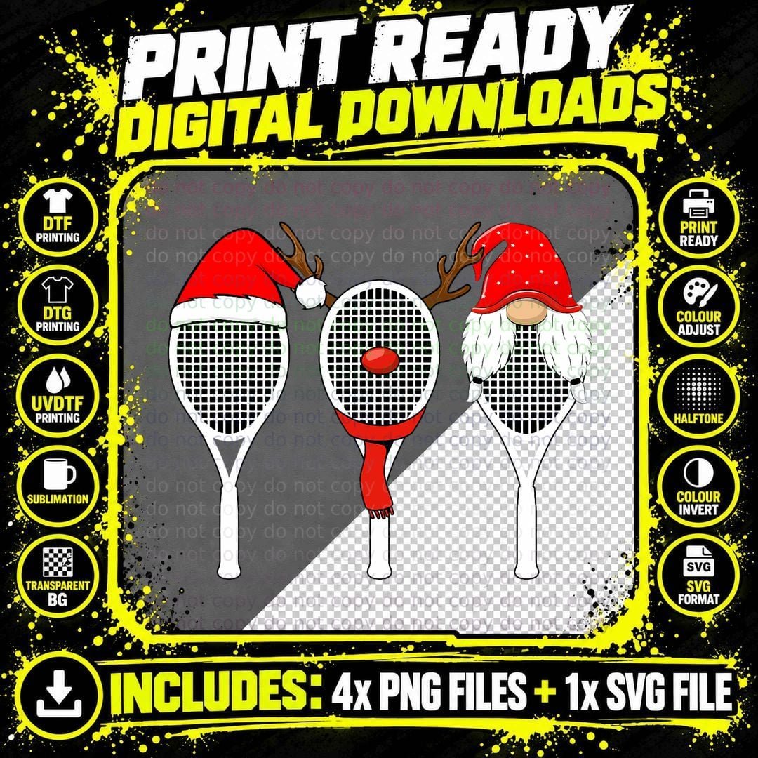 Tennis Racket Wearing Xmas Hat Christmas Tennis Racket Png SVG Digital Bundle