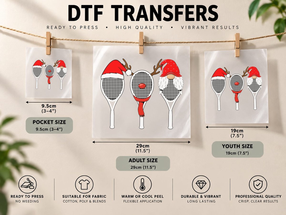Tennis Racket Wearing Xmas Hat Christmas Tennis Racket DTF Transfer Iron On