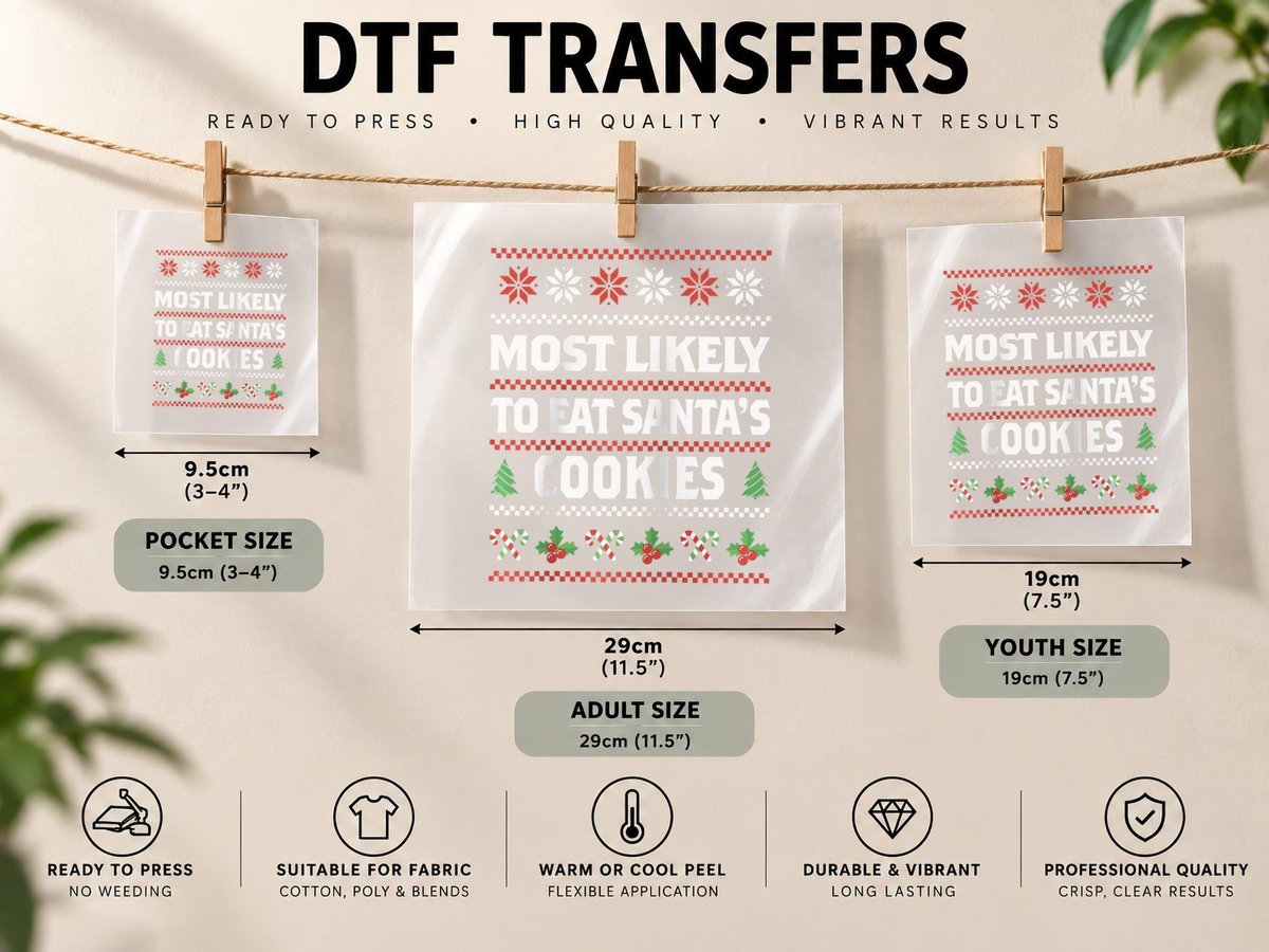 Text Holiday Saying, Most Likely to Eat Santa's Cookies DTF Transfer Iron On