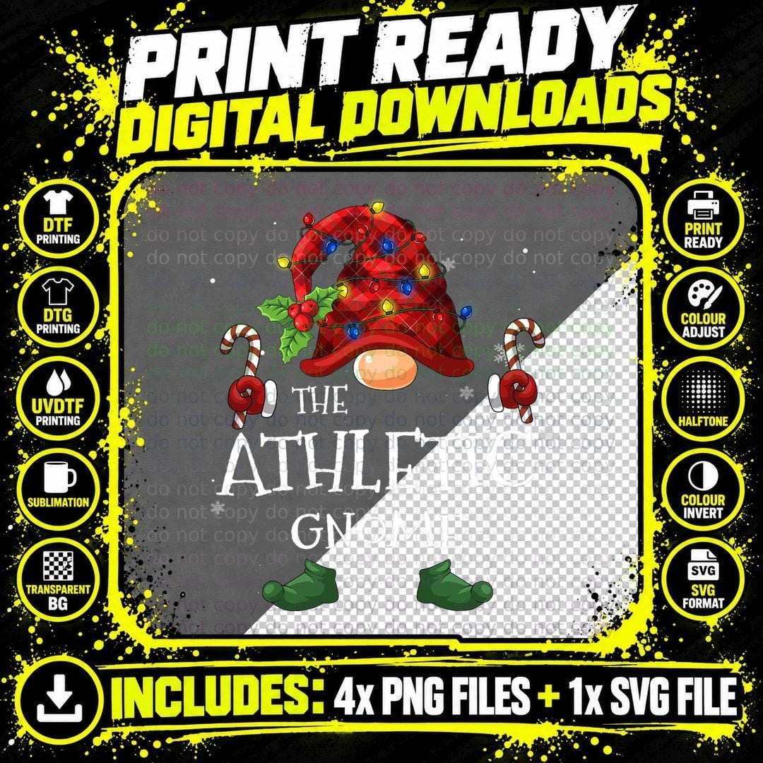 The Athletic Gnome Buffalo Plaid Christmas Tree Light Png SVG Digital Bundle