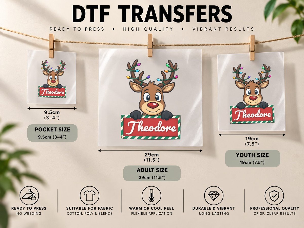 Theodore Custom Reindeer Peeking Christmas Kids Lights DTF Transfer Iron On