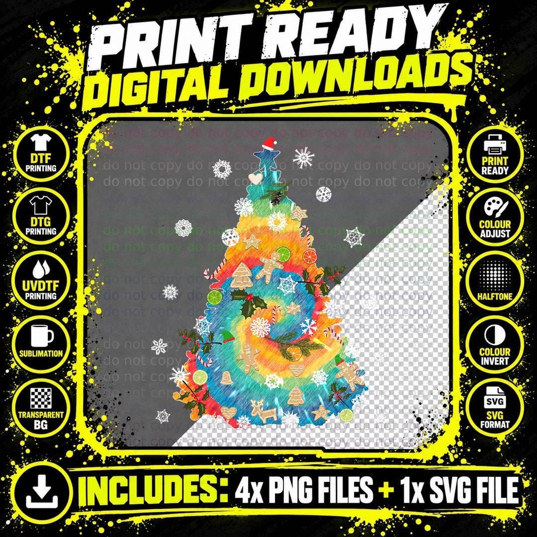 Tie-Dye Christmas 60s Vintage Retro Rainbow Christmas Png SVG Digital Bundle