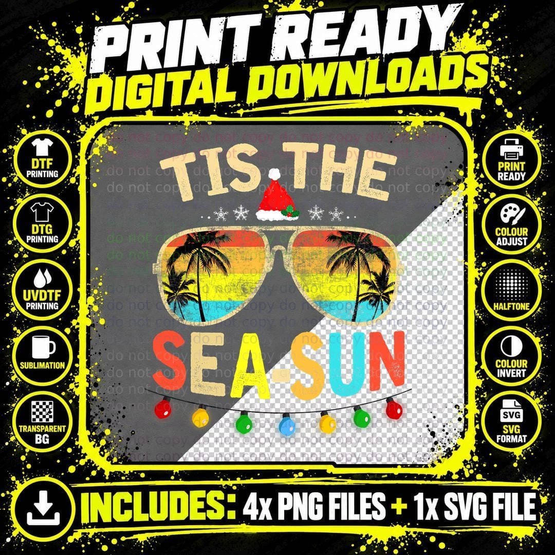 Tis the Sea Sun Santa Beach Summer Christmas in July Png SVG Digital Bundle