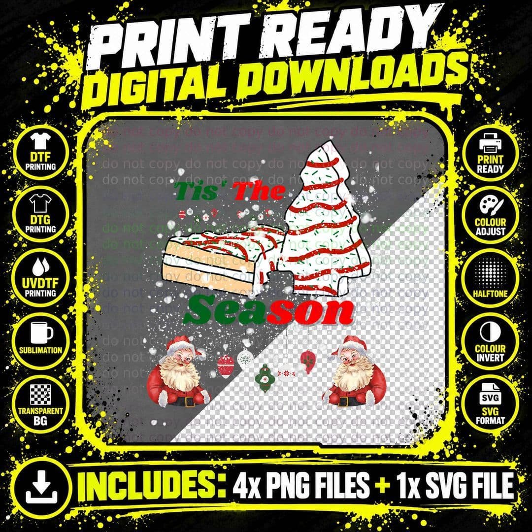 Tis' the Season Christmas Tree Cakes Debbie Groovy Santa Png SVG Digital Bundle
