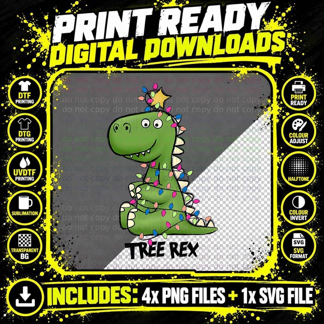 Tree Rex Dinosaur Christmas Costume Xmas Tree Light Boys Png SVG Digital Bundle
