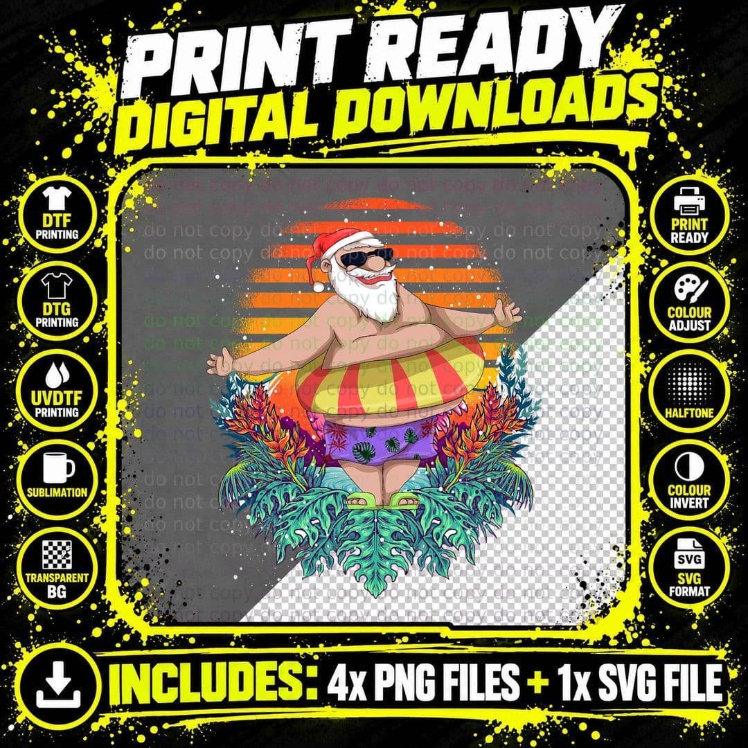 Tropical Hawaiian Summer Funny Santa Claus Christmas in Png SVG Digital Bundle